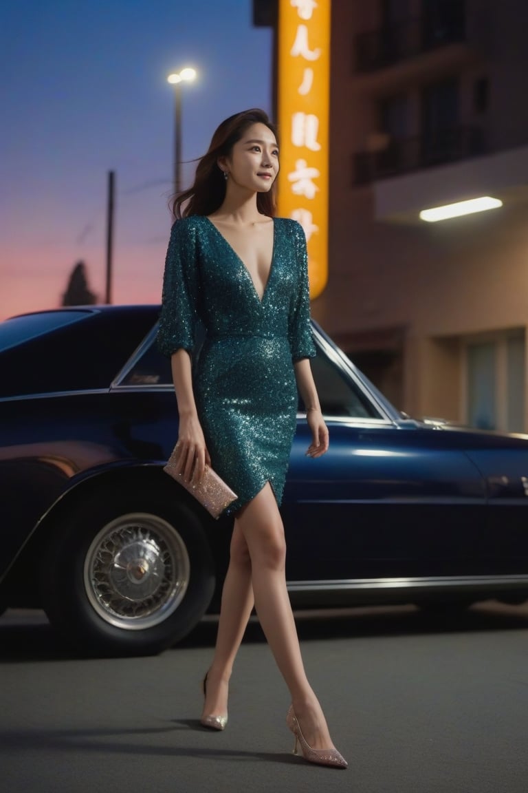 The Korean girl now fully dressed in her chosen half-cup dress and short skirt, walks confidently toward the waiting car. Her long legs are elegantly highlighted by the dress, and her high heels click rhythmically on the ground. She carries a chic, metallic clutch purse that complements her outfit, its subtle sheen catching the light and adding a touch of elegance. The outfit, adorned with sequins and sparkles, reflects her vibrant and stylish personality. As she approaches the sleek car parked outside, her composed and sophisticated demeanor is accentuated by the soft evening light. The scene captures her in a moment of graceful transition, ready for the night ahead. outside is a place with neon lights and signboards