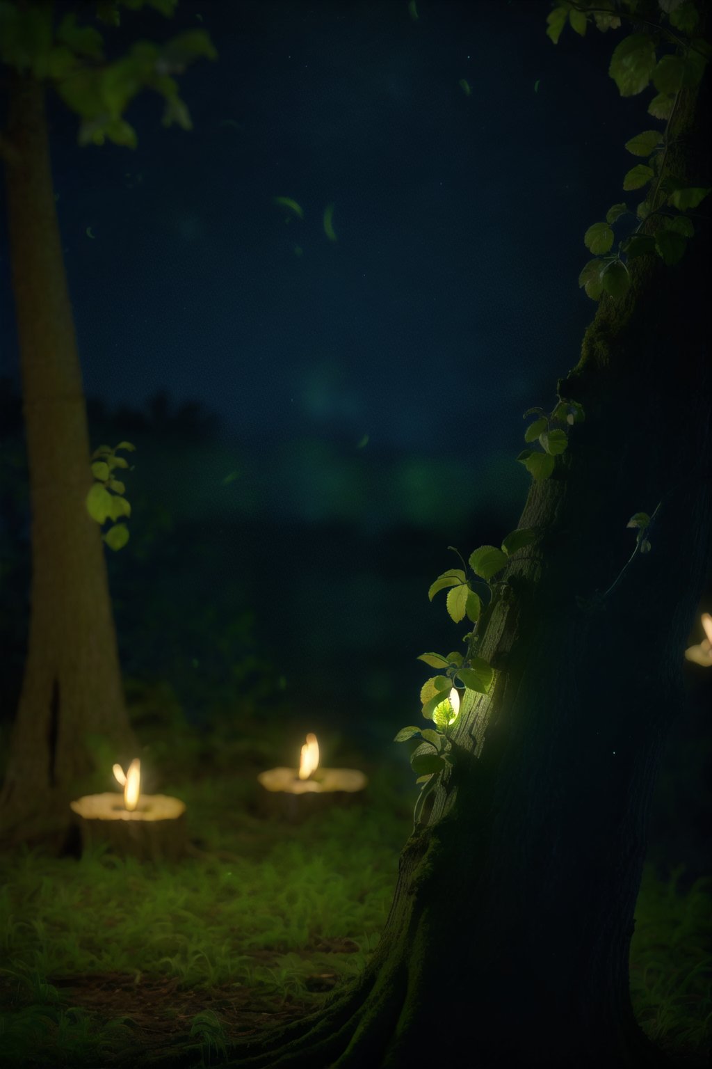 Soft light, HD, realistic, photorealism, fireflies tree trunk