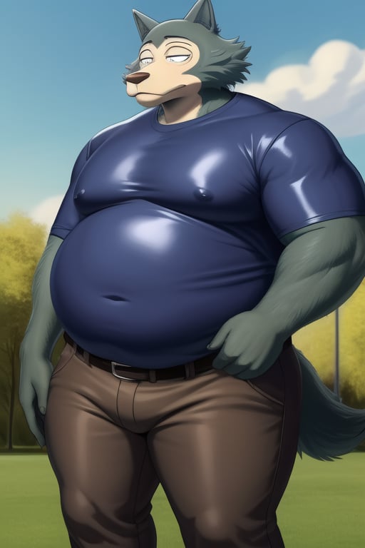 male, anthro_wolf, solo, legoshi_(beastars), obese, three hundred lbs, chunky, fat, gained weight, fat pectorals, thick legs, round belly, belly overhang, growing belly, belly bulging out, pants, tight pants, belt, fat love handles, moobs, shiny latex shirt, tight shirt, black shirt, rubber, elastic shirt, horizontal creases between pectorals, shirt tucked into pants, outside, college campus, khakis, clearly defined eyes, high quality, fat thick arms, horizontal crease lines between pectorals, plump ass, Standing, Arms at sides, high quality, realistic proportions, double chin, fat face, fat cheeks, nipples, fat
rolls.