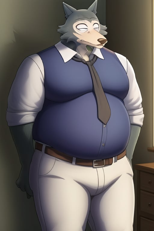 male, anthro_wolf, solo, legoshi_(beastars), morbidly obese, chunky, fat, gained weight, four hundred pounds, fat pectorals, round belly, belly overhang, growing belly,tight clothing, belly peeking out, pants, tight pants, belt, fat love handles, moobs straining shirt, dorm room, blue elastic shirt, clearly defined eyes, high quality, embarrassed expression, fat thick arms, buttons straining, no tie.