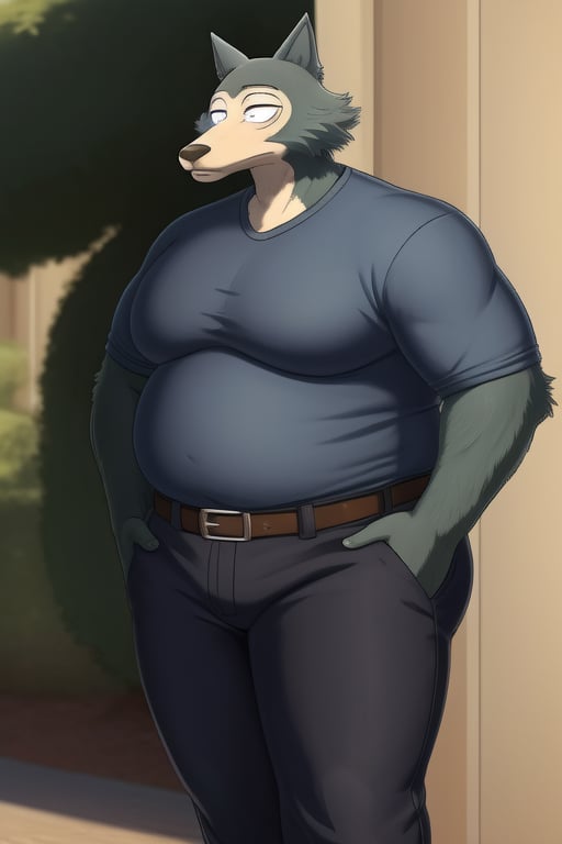 male, anthro_wolf, solo, legoshi_(beastars), morbidly obese, four hundred lbs, outgrown clothes, chunky, fat, gained weight, fat pectorals, thick legs, round belly, belly overhang, growing belly,tight clothing, belly bulging out, pants, tight pants, belt, fat love handles, moobs straining shirt, outside, college campus, tight shirt, blue shirt, elastic shirt, shirt tucked under pants,khakis, clearly defined eyes, high quality, fat thick arms, horizontal crease lines between pectorals, plump ass, Standing, Arms at sides, high quality, small black pupils no eyelids, staring at camera.