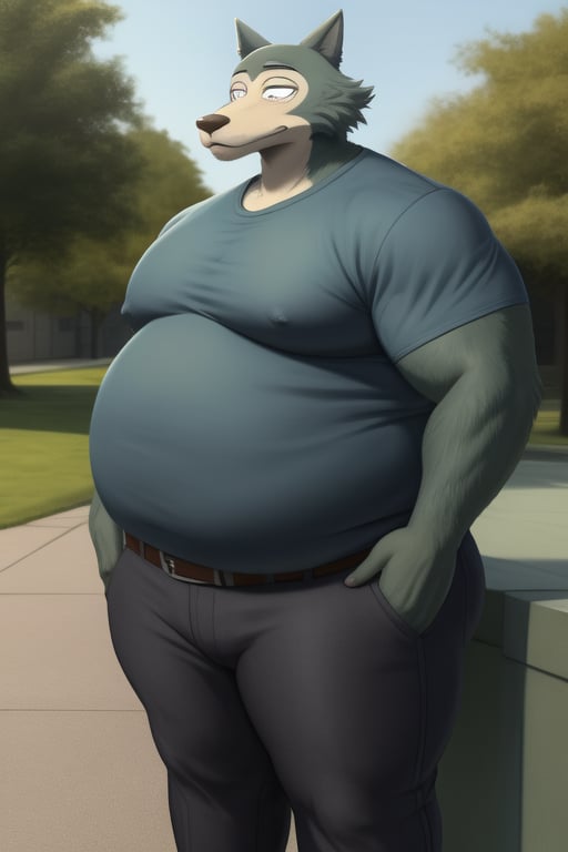 male, anthro_wolf, solo, legoshi_(beastars), morbidly obese, four hundred lbs, outgrown clothes, chunky, fat, gained weight, fat pectorals, thick legs, round belly, belly overhang, growing belly,tight clothing, belly bulging out, pants, tight pants, belt, fat love handles, moobs straining shirt, outside, college campus, tight shirt, blue shirt, elastic shirt, shirt tucked under pants,khakis, clearly defined eyes, high quality, fat thick arms, horizontal crease lines between pectorals, plump ass, Standing, Arms at sides, high quality, small black pupils no eyelids, staring at camera, realistic proportions, double chin, fat face, fat cheeks, nipples.