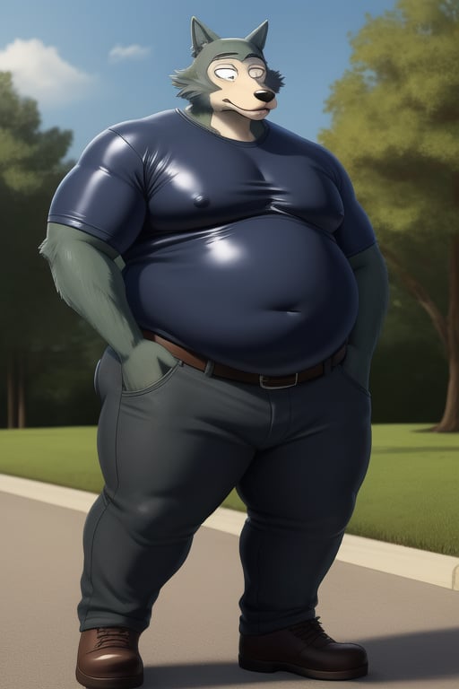 male, anthro_wolf, solo, legoshi_(beastars), obese, three hundred lbs, chunky, fat, gained weight, fat pectorals, thick legs, round belly, belly overhang, growing belly, belly bulging out, pants, tight pants, belt, fat love handles, moobs, shiny latex shirt, tight shirt, black shirt, rubber, elastic shirt, horizontal creases between pectorals, shirt tucked into pants, outside, college campus, khakis, clearly defined eyes, high quality, fat thick arms, horizontal crease lines between pectorals, plump ass, Standing, Arms at sides, high quality, realistic proportions, double chin, fat face, fat cheeks, nipples, fat
rolls.