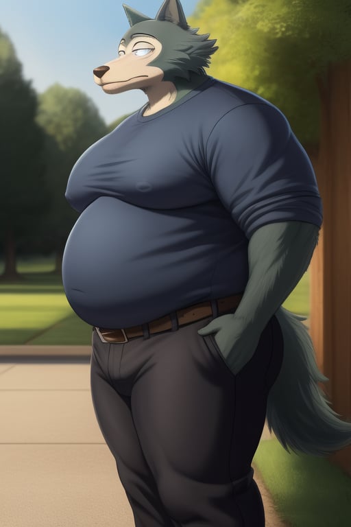 male, anthro_wolf, solo, legoshi_(beastars), morbidly obese, four hundred lbs, outgrown clothes, chunky, fat, gained weight, fat pectorals, thick legs, round belly, belly overhang, growing belly,tight clothing, belly bulging out, pants, tight pants, belt, fat love handles, moobs straining shirt, outside, college campus, tight shirt, blue shirt, elastic shirt, shirt tucked under pants,khakis, clearly defined eyes, high quality, fat thick arms, horizontal crease lines between pectorals, plump ass, Standing, Arms at sides, high quality, small black pupils no eyelids, staring at camera, realistic proportions, double chin, fat face, fat cheeks, nipples.