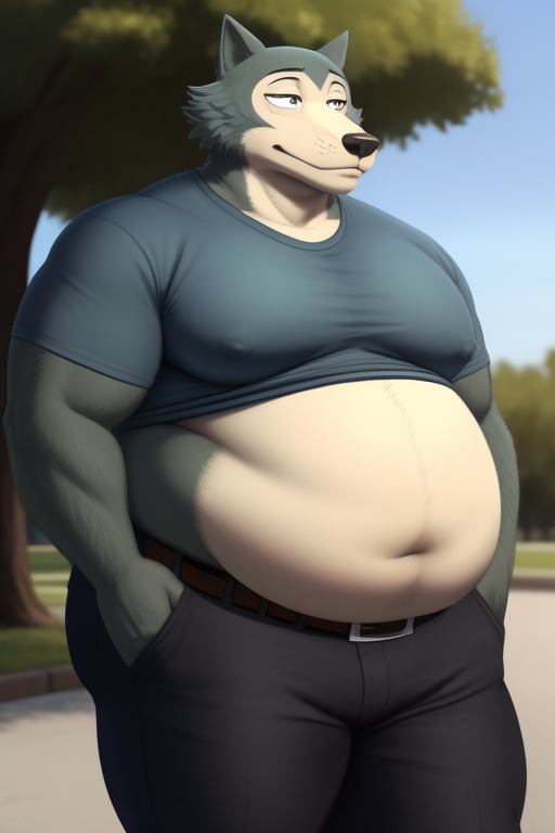 male, anthro_wolf, solo, legoshi_(beastars), morbidly obese, four hundred lbs, outgrown clothes, chunky, fat, gained weight, fat pectorals, thick legs, round belly, belly overhang, growing belly,tight clothing, belly bulging out, pants, tight pants, belt, fat love handles, moobs straining shirt, outside, college campus, tight shirt, blue shirt, elastic shirt, shirt tucked under pants,khakis, clearly defined eyes, high quality, fat thick arms, horizontal crease lines between pectorals, plump ass, Standing, Arms at sides, high quality, small black pupils no eyelids, staring at camera, realistic proportions, double chin, fat face, fat cheeks, nipples.