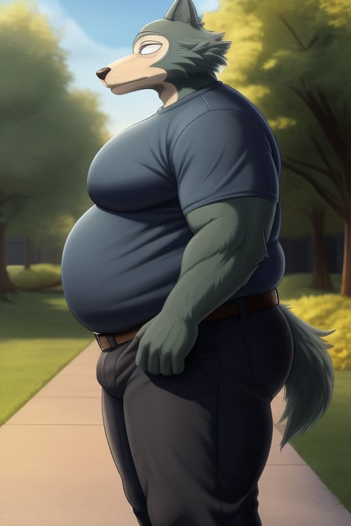 male, anthro_wolf, solo, legoshi_(beastars), morbidly obese, four hundred lbs, outgrown clothes, chunky, fat, gained weight, fat pectorals, thick legs, round belly, belly overhang, growing belly,tight clothing, belly bulging out, pants, tight pants, belt, fat love handles, moobs straining shirt, outside, college campus, tight shirt, blue shirt, elastic shirt, shirt tucked under pants,khakis, clearly defined eyes, high quality, fat thick arms, horizontal crease lines between pectorals, plump ass, Standing, Arms at sides, high quality, small black pupils no eyelids, staring at camera.