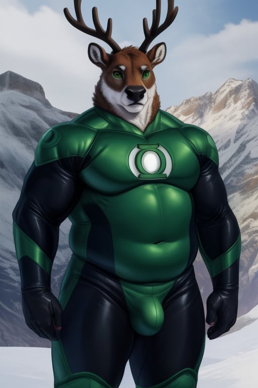 Realistic, Anthropomorphic reindeer , humanoid, male. brown fur. Antlers. Big eyes. Solo, clear image, high quality image. clearly defined facial features, realistic body proportions. safe for work. standing. stance facing slightly to the side. arms down by side.
outside, tundra, mountains.

green lantern super hero costume_(DC comics), black and  green lycra skinsuit. outline of navel underneath costume. nipples . costume ends at neck.  black gloves. costume covers entire body. long sleeves tucked into gloves.

crotch bulge.  slightly thick arms and legs,  big ass. chubby physique. love handles, fat rolls, moobs.