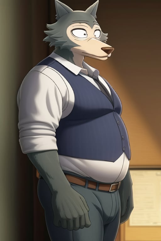 male, anthro_wolf, solo, legoshi_(beastars), slightly chubby chunky, fat, gained weight, fat pectorals, round belly, belly overhang, growing belly,tight clothing, belly bulging out, pants, tight pants, belt, fat love handles, moobs straining shirt, dorm room, blue vest, school uniform, khakis, clearly defined eyes, high quality, fat thick arms, buttons straining, horizontal crease lines between pectorals, plump ass, Standing, Arms at sides, high quality, small black pupils no eyelids, staring at camera.