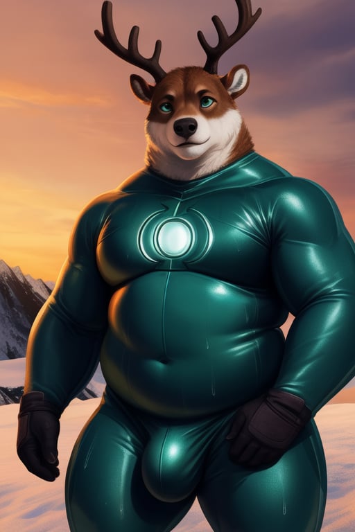 Realistic, Anthropomorphic reindeer , humanoid, male. brown fur. Antlers. Big eyes. Solo, clear image, high quality image. clearly defined facial features, realistic body proportions. safe for work. standing. sweaty.
outside, tundra. 

green lantern super hero costume_(DC comics), lycra skinsuit.  costume. outline of navel underneath costume. nipples . costume ends at neck.  gloves. costume covers entire torso.

crotch bulge. slight double chin, slightly thick arms and legs, slightly big ass. overweight. love handles, moobs