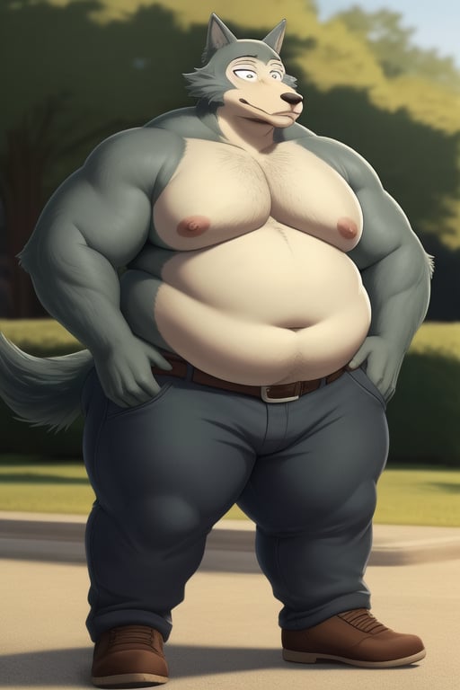 male, anthro_wolf, solo, legoshi_(beastars), morbidly obese, four hundred lbs, outgrown clothes, chunky, fat, gained weight, fat pectorals, thick legs, round belly, belly overhang, growing belly, belly bulging out, pants, tight pants, belt, fat love handles, moobs, shirtless, outside, college campus, khakis, clearly defined eyes, high quality, fat thick arms, horizontal crease lines between pectorals, plump ass, Standing, Arms at sides, high quality, realistic proportions, double chin, fat face, fat cheeks, nipples, belly
rolls.