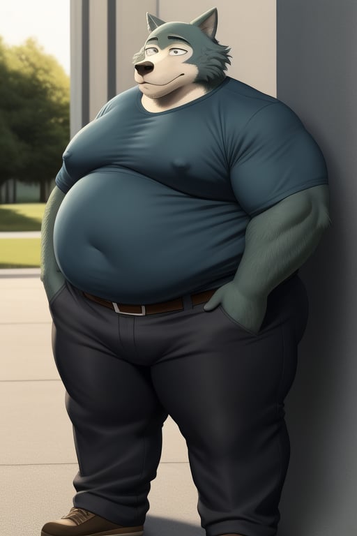 male, anthro_wolf, solo, legoshi_(beastars), morbidly obese, four hundred lbs, outgrown clothes, chunky, fat, gained weight, fat pectorals, thick legs, round belly, belly overhang, growing belly,tight clothing, belly bulging out, pants, tight pants, belt, fat love handles, moobs straining shirt, outside, college campus, tight shirt, blue shirt, elastic shirt, shirt tucked under pants,khakis, clearly defined eyes, high quality, fat thick arms, horizontal crease lines between pectorals, plump ass, Standing, Arms at sides, high quality, small black pupils no eyelids, staring at camera, realistic proportions, double chin, fat face, fat cheeks.