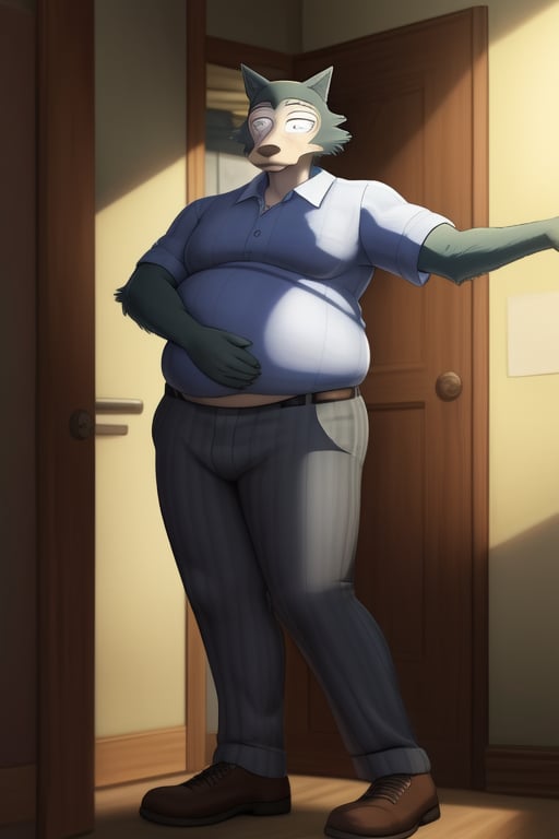 male, anthro_wolf, solo, legoshi_(beastars), morbidly obese, gained weight, fat moobs, round belly, belly overhang, college, standing, tight elastic shirt, shirt tucked into pants, strained tight clothing,bottom wear, cargo shorts, safe, standing, soft, claws, black pupils, (fat:1.5), soft body, (correct anatomy:)7.0,detailed belly, (detailed clothing), natural lighting, best quality, legoshi, giant belly, fat pecs, best quality,soft belly, blushing, fat rolls, flabby arms, embarrassed, belly wrapped in tight shirt, white or blue button-up T-shirt, clear image.