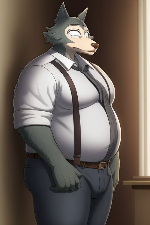 male, anthro_wolf, solo, legoshi_(beastars), morbidly obese, four hundred lbs, outgrown clothes, chunky, fat, gained weight, fat pectorals, thick legs, round belly, belly overhang, growing belly,tight clothing, belly bulging out, pants, tight pants, belt, fat love handles, moobs straining shirt, dorm room, white shirt, button up shirt, suspenders khakis, clearly defined eyes, high quality, fat thick arms, buttons straining, horizontal crease lines between pectorals, plump ass, Standing, Arms at sides, high quality, small black pupils no eyelids, staring at camera.