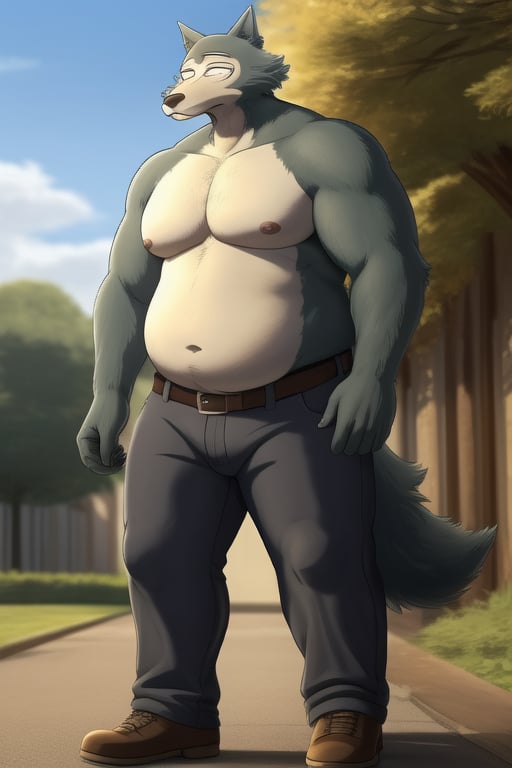 male, anthro_wolf, solo, legoshi_(beastars), morbidly obese, four hundred lbs, outgrown clothes, chunky, fat, gained weight, fat pectorals, thick legs, round belly, belly overhang, growing belly, belly bulging out, pants, tight pants, belt, fat love handles, moobs, shirtless, outside, college campus, khakis, clearly defined eyes, high quality, fat thick arms, horizontal crease lines between pectorals, plump ass, Standing, Arms at sides, high quality, realistic proportions, double chin, fat face, fat cheeks, nipples, belly
rolls.