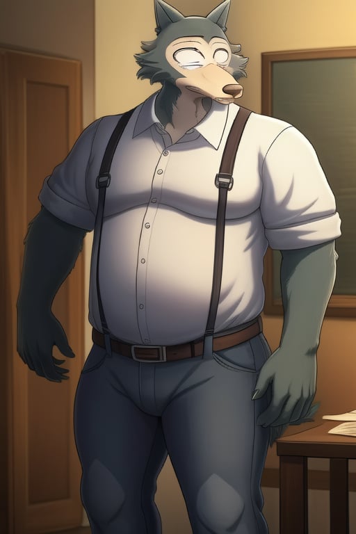 male, anthro_wolf, solo, legoshi_(beastars), slightly chubby chunky, fat, gained weight, fat pectorals, round belly, belly overhang, growing belly,tight clothing, belly bulging out, pants, tight pants, belt, fat love handles, moobs straining shirt, dorm room, blue elastic shirt, clearly defined eyes, high quality, embarrassed expression, fat thick arms, buttons straining, horizontal crease lines between pectorals, plump ass, overalls. Standing, Arms at sides.