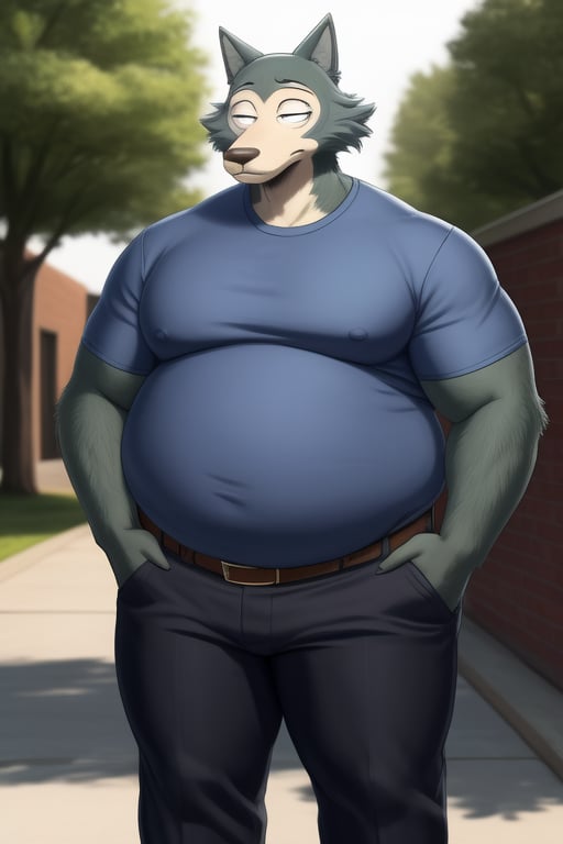 male, anthro_wolf, solo, legoshi_(beastars), morbidly obese, four hundred lbs, outgrown clothes, chunky, fat, gained weight, fat pectorals, thick legs, round belly, belly overhang, growing belly,tight clothing, belly bulging out, pants, tight pants, belt, fat love handles, moobs straining shirt, outside, college campus, tight shirt, blue shirt, elastic shirt, shirt tucked under pants,khakis, clearly defined eyes, high quality, fat thick arms, horizontal crease lines between pectorals, plump ass, Standing, Arms at sides, high quality, small black pupils no eyelids, staring at camera, realistic proportions, double chin, fat face, fat cheeks, nipples.