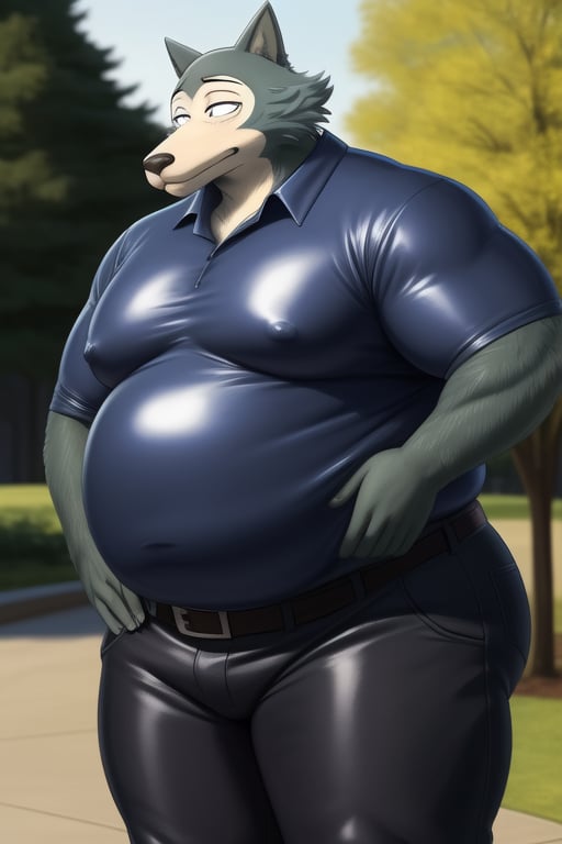 male, anthro_wolf, solo, legoshi_(beastars), obese, three hundred lbs, chunky, fat, gained weight, fat pectorals, thick legs, round belly, belly overhang, growing belly, belly bulging out, pants, tight pants, belt, fat love handles, moobs, shiny latex shirt, tight shirt, black shirt, rubber shirt, horizontal creases between pectorals, shirt tucked into pants, outside, college campus, khakis, clearly defined eyes, high quality, fat thick arms, horizontal crease lines between pectorals, plump ass, Standing, hands on sides, high quality, realistic proportions, double chin, fat face, fat cheeks, nipples, fat
rolls.