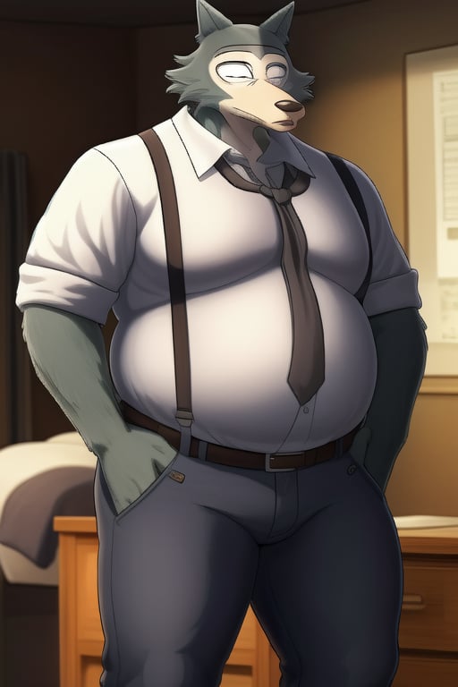 male, anthro_wolf, solo, legoshi_(beastars), morbidly obese, four hundred lbs, outgrown clothes, chunky, fat, gained weight, fat pectorals, thick legs, round belly, belly overhang, growing belly,tight clothing, belly bulging out, pants, tight pants, belt, fat love handles, moobs straining shirt, dorm room, white shirt, button up shirt, suspenders khakis, clearly defined eyes, high quality, fat thick arms, buttons straining, horizontal crease lines between pectorals, plump ass, Standing, Arms at sides, high quality, small black pupils no eyelids, staring at camera.