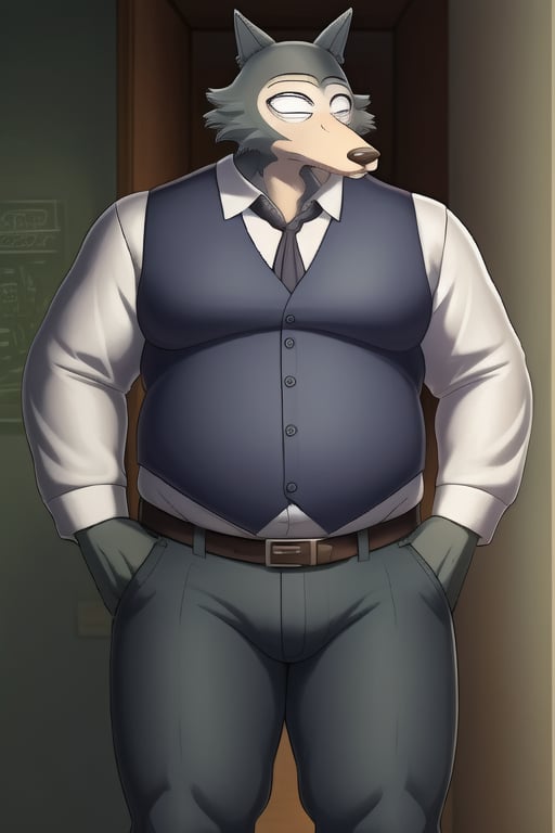 male, anthro_wolf, solo, legoshi_(beastars), morbidly obese, four hundred lbs, outgrown clothes, chunky, fat, gained weight, fat pectorals, thick legs, round belly, belly overhang, growing belly,tight clothing, belly bulging out, pants, tight pants, belt, fat love handles, moobs straining shirt, dorm room, blue vest, school uniform, khakis, clearly defined eyes, high quality, fat thick arms, buttons straining, horizontal crease lines between pectorals, plump ass, Standing, Arms at sides, high quality, small black pupils no eyelids, staring at camera.