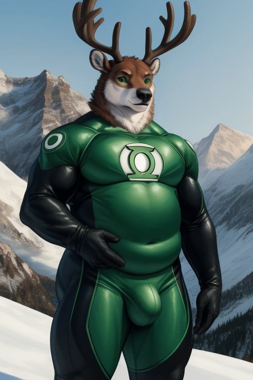 Realistic, Anthropomorphic reindeer , humanoid, male. brown fur. Antlers. Big eyes. Solo, clear image, high quality image. clearly defined facial features, realistic body proportions. safe for work. standing. stance facing slightly to the side. arms down by side.
outside, tundra, mountains.

green lantern super hero costume_(DC comics), black and  green lycra skinsuit. outline of navel underneath costume. nipples . costume ends at neck.  black gloves. costume covers entire body. long sleeves tucked into gloves.

crotch bulge.  slightly thick arms and legs,  big ass. chubby physique. love handles, fat rolls, moobs.