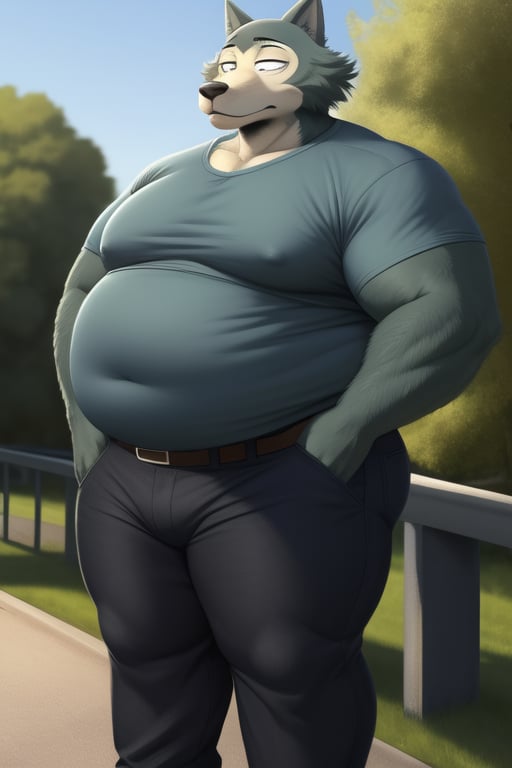 male, anthro_wolf, solo, legoshi_(beastars), morbidly obese, four hundred lbs, outgrown clothes, chunky, fat, gained weight, fat pectorals, thick legs, round belly, belly overhang, growing belly,tight clothing, belly bulging out, pants, tight pants, belt, fat love handles, moobs straining shirt, outside, college campus, tight shirt, blue shirt, elastic shirt, shirt tucked under pants,khakis, clearly defined eyes, high quality, fat thick arms, horizontal crease lines between pectorals, plump ass, Standing, Arms at sides, high quality, small black pupils no eyelids, staring at camera, realistic proportions.