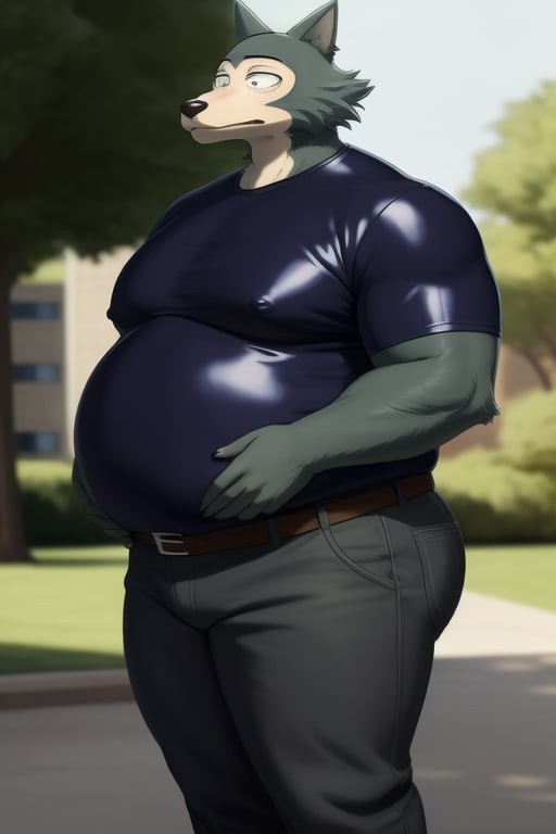 male, anthro_wolf, solo, legoshi_(beastars), obese, three hundred lbs, chunky, fat, gained weight, fat pectorals, thick legs, round belly, belly overhang, growing belly, belly bulging out, pants, tight pants, belt, fat love handles, moobs, shiny latex shirt, tight shirt, black shirt, rubber, elastic shirt, horizontal creases between pectorals, shirt tucked into pants, outside, college campus, khakis, clearly defined eyes, high quality, fat thick arms, horizontal crease lines between pectorals, plump ass, Standing, Arms at sides, high quality, realistic proportions, double chin, fat face, fat cheeks, nipples, fat
rolls.