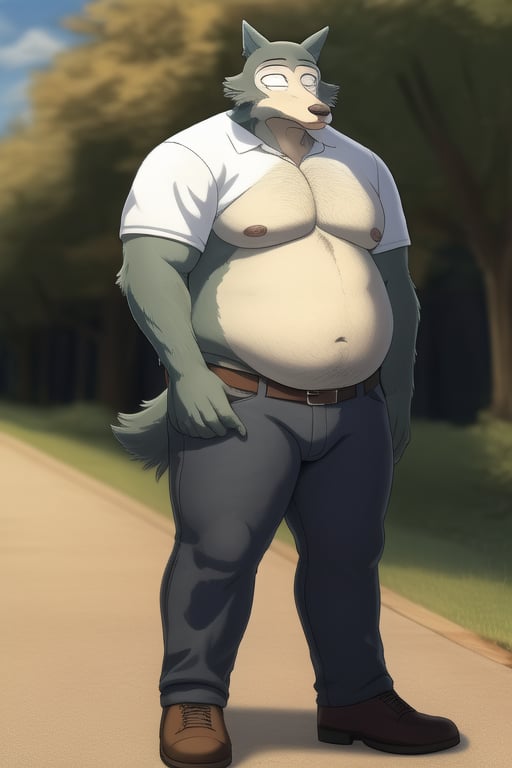 male, anthro_wolf, solo, legoshi_(beastars), morbidly obese, four hundred lbs, outgrown clothes, chunky, fat, gained weight, fat pectorals, thick legs, round belly, belly overhang, growing belly, belly bulging out, pants, tight pants, belt, fat love handles, moobs, shirtless, outside, college campus, khakis, clearly defined eyes, high quality, fat thick arms, horizontal crease lines between pectorals, plump ass, Standing, Arms at sides, high quality, realistic proportions, double chin, fat face, fat cheeks, nipples, belly
rolls.