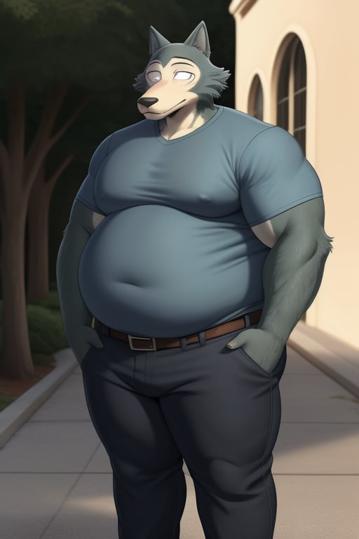 male, anthro_wolf, solo, legoshi_(beastars), morbidly obese, four hundred lbs, outgrown clothes, chunky, fat, gained weight, fat pectorals, thick legs, round belly, belly overhang, growing belly,tight clothing, belly bulging out, pants, tight pants, belt, fat love handles, moobs straining shirt, outside, college campus, tight shirt, blue shirt, elastic shirt, shirt tucked under pants,khakis, clearly defined eyes, high quality, fat thick arms, horizontal crease lines between pectorals, plump ass, Standing, Arms at sides, high quality, small black pupils no eyelids, staring at camera.