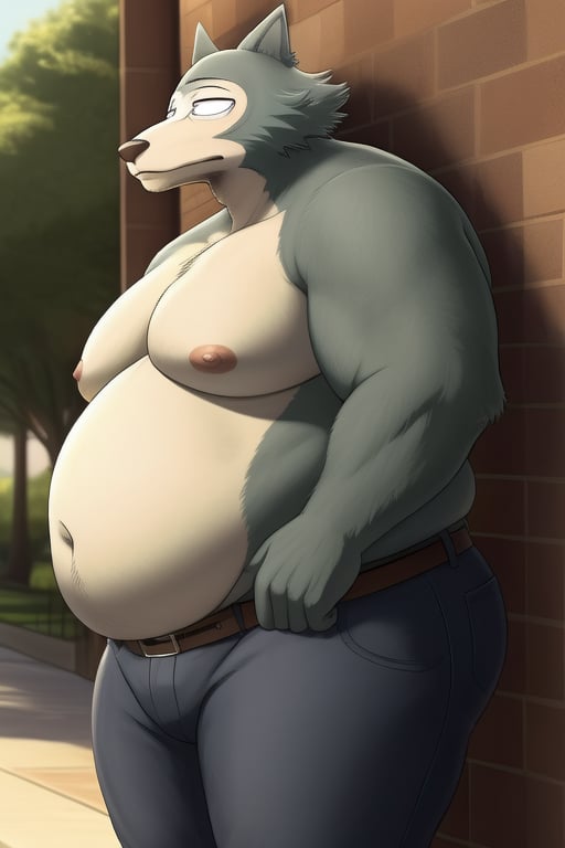 male, anthro_wolf, solo, legoshi_(beastars), morbidly obese, four hundred lbs, outgrown clothes, chunky, fat, gained weight, fat pectorals, thick legs, round belly, belly overhang, growing belly, belly bulging out, pants, tight pants, belt, fat love handles, moobs, shirtless, outside, college campus, khakis, clearly defined eyes, high quality, fat thick arms, horizontal crease lines between pectorals, plump ass, Standing, Arms at sides, high quality, realistic proportions, double chin, fat face, fat cheeks, nipples, belly
rolls.