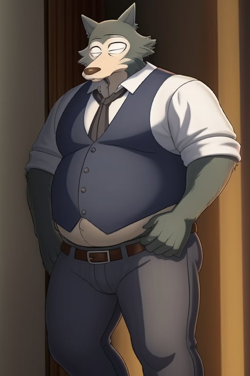 male, anthro_wolf, solo, legoshi_(beastars), morbidly obese, four hundred lbs, outgrown clothes, chunky, fat, gained weight, fat pectorals, thick legs, round belly, belly overhang, growing belly,tight clothing, belly bulging out, pants, tight pants, belt, fat love handles, moobs straining shirt, dorm room, blue vest, school uniform, khakis, clearly defined eyes, high quality, fat thick arms, buttons straining, horizontal crease lines between pectorals, plump ass, Standing, Arms at sides, high quality, small black pupils no eyelids, staring at camera.