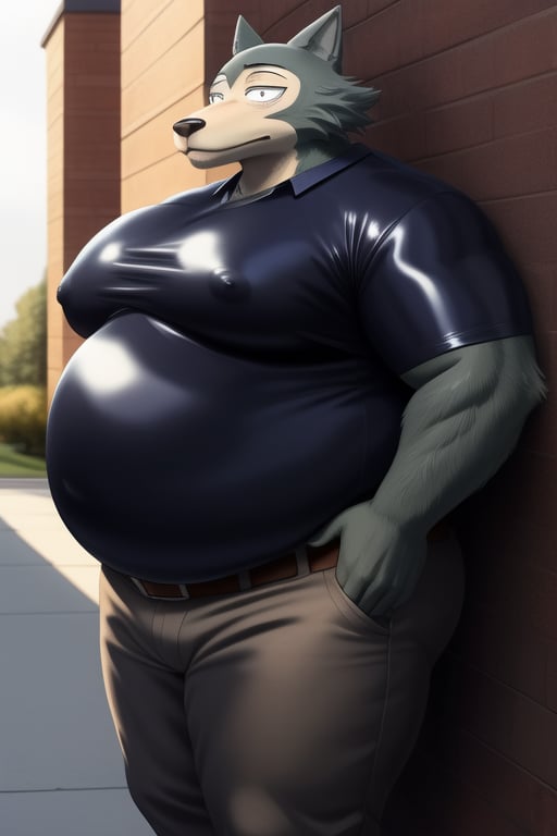 male, anthro_wolf, solo, legoshi_(beastars), obese, three hundred lbs, chunky, fat, gained weight, fat pectorals, thick legs, round belly, belly overhang, growing belly, belly bulging out, pants, tight pants, belt, fat love handles, moobs, shiny latex shirt, tight shirt, black shirt, rubber shirt, horizontal creases between pectorals, shirt tucked into pants, outside, college campus, khakis, clearly defined eyes, high quality, fat thick arms, horizontal crease lines between pectorals, plump ass, Standing, hands on sides, high quality, realistic proportions, double chin, fat face, fat cheeks, nipples, fat
rolls.