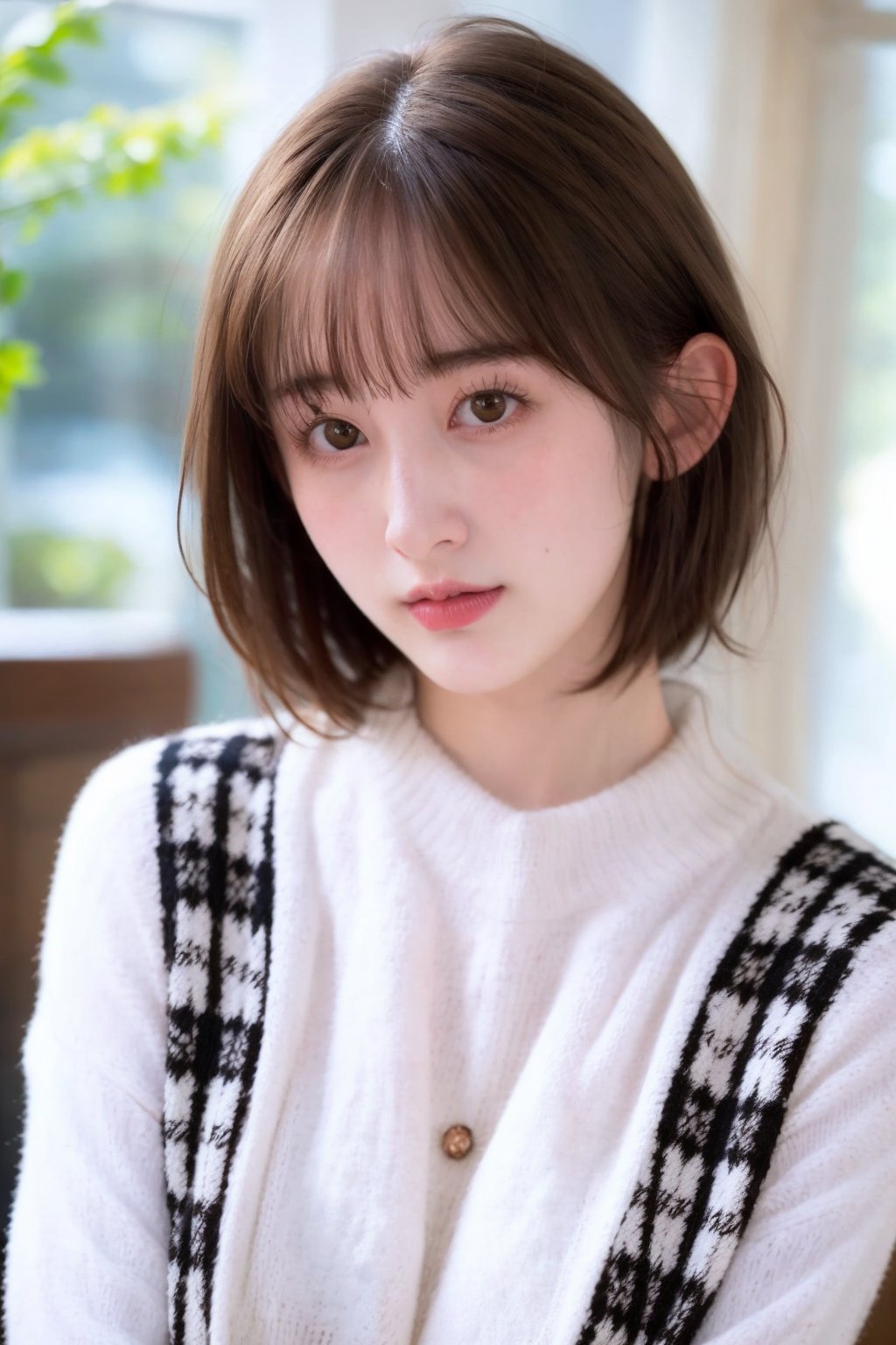 1girl, solo, looking at viewer, short hair, bangs, brown hair, shirt, brown eyes, closed mouth, upper body, indoors, blurry, sweater, lips, blurry background, realistic