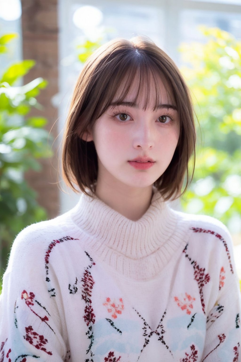 1girl, solo, looking at viewer, short hair, bangs, brown hair, shirt, brown eyes, closed mouth, upper body, indoors, blurry, sweater, lips, blurry background, realistic