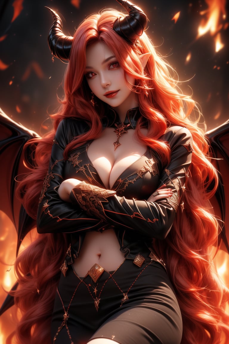 dark theme,Extremely Realistic, realistic, (masterpiece), 16k,  Sharp Focus, (HDR:1.4), (Super Detailed), (Best quality:1.2), fine texture,Realism,1 girl,DaoteMM,Devil, solo, long hair, red hair, navel, medium breasts, cleavage, spooky attire, devil_horns, pointy ears, crossed arms, demon girl, succubus, demon wings, ((red skin)), hellish background, fire, lava, seductive smile, fire in eyes,composed of fire elements,