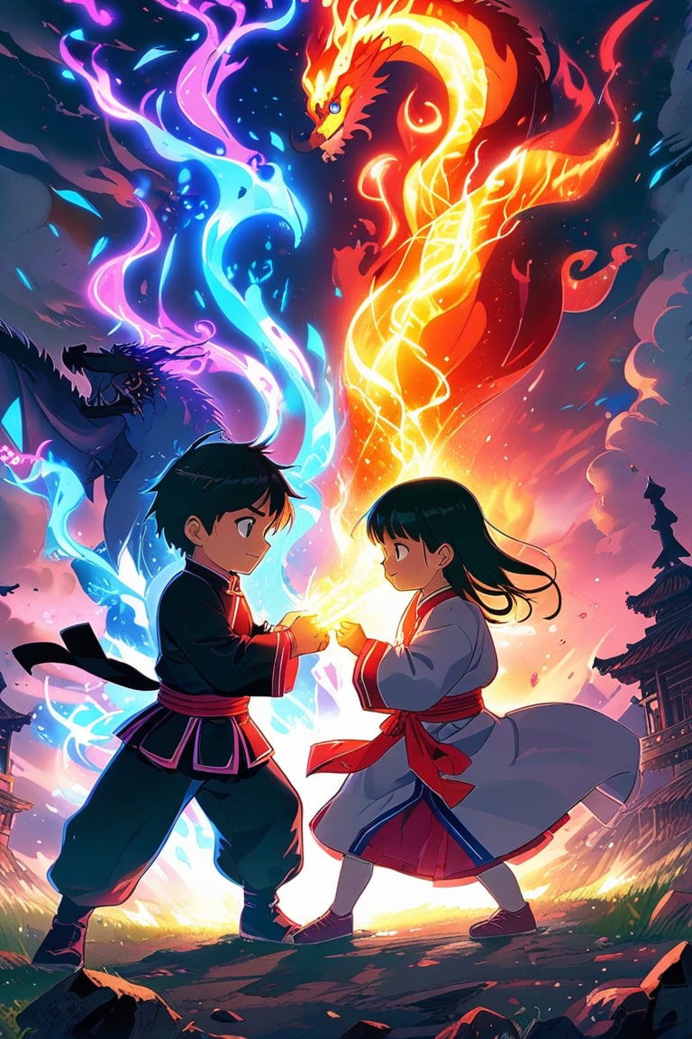 A pair of elementary school siblings, a brother and sister, are using magic to control fire and lightning. The brother wears a martial arts uniform, while the sister is dressed in a qipao. Behind each sibling stands a guardian dragon god, protecting them as they engage in a fierce battle with a monster. The background is a desolate land, with enhanced lighting and depth of field, all depicted in an anime style