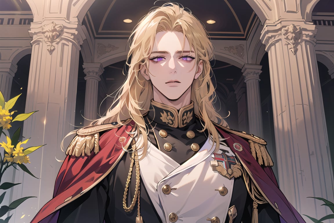 1man, mature, ((Goldenrod hair)), ((long coli hair)), (((half-down))), ((purple eyes)), mature, ((Medium score)), To reveal the forehead, handsome, angular jaw, thick neck, serious, ready for battle, royal, prince, upper body, male focus, (milatary uniform:1.3), long sleeve, by Raphael, masterpiece, upper body shot, magnificent indoor hall