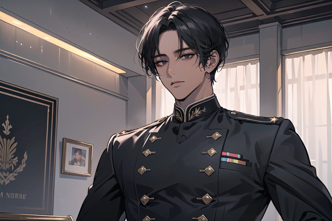 1 man, solo, ((black short hair)), (((dark skin:1.5))), (((center-parting bangs:1.5))), black eyes, mature, ((thin:1.5)), (((slim figure:1.5))), (((narrow shoulders:1.5))), handsome, angular jaw, thick neck, ready for battle, military, soldier, army, (Double-breasted Suit:1.3), long sleeve, by Raphael, masterpiece, upper body shot, magnificent indoor hall