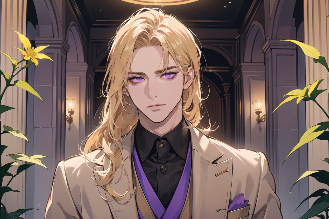 1man, mature, ((Goldenrod hair)), ((long coli hair)), (((half-down))), ((purple eyes)), mature, ((Medium score)), To reveal the forehead, handsome, angular jaw, thick neck, serious, ready for battle, royal, prince, upper body, male focus, (Three-piece Suit:1.3), long sleeve, by Raphael, masterpiece, upper body shot, magnificent indoor hall