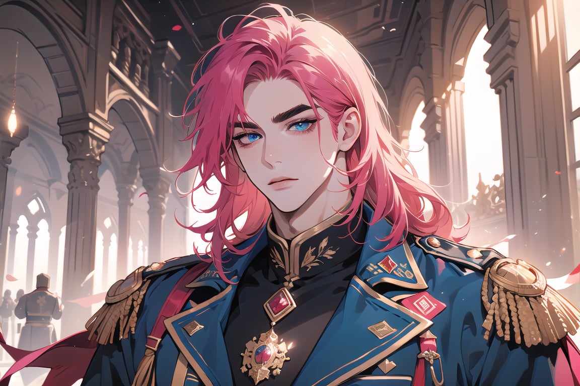 20-years-old man, solo, ((Fuchsia hair)), (thick eyebrows), curly hair, lash grazing bangs, blue eyes, ((thin)),ready for battle, handsome, angular jaw, military, soldier, army, long sleeve, Greatcoat, by Raphael, masterpiece, upper body shot, magnificent indoor hall
