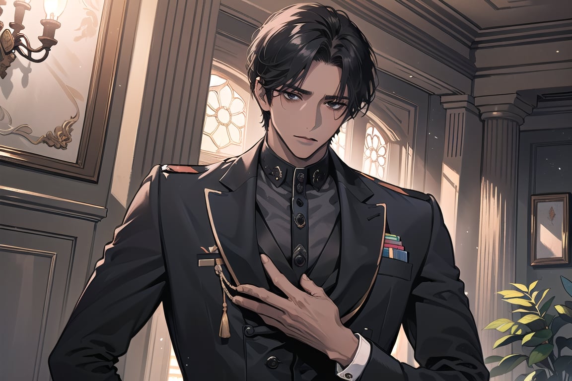 1 man, solo, ((black short hair)), (((dark skin:1.5))), (((center-parting bangs:1.5))), black eyes, mature, ((thin:1.5)), (((slim figure:1.5))), (((narrow shoulders:1.5))), handsome, angular jaw, thick neck, serious, military, soldier, army, (Slim-fit Suit:1.5), long sleeve, by Raphael, masterpiece, upper body shot, magnificent indoor hall