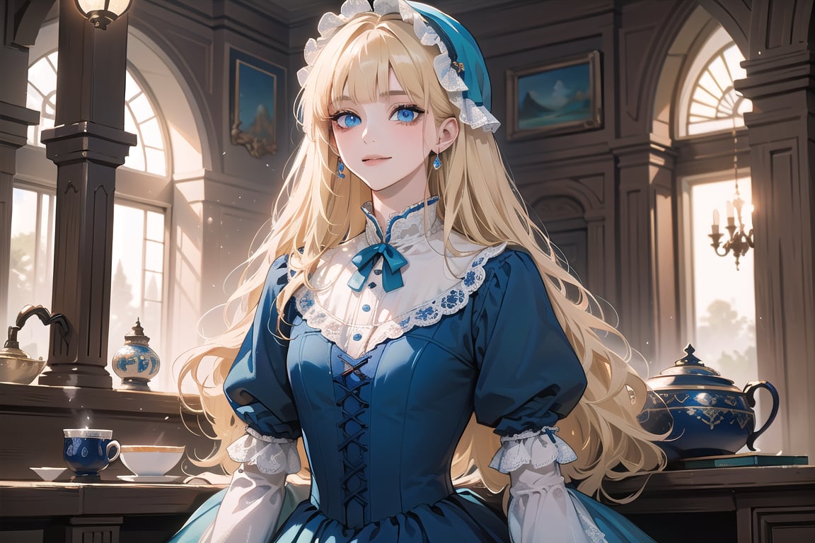 1 little girl, solo, ((Blonde hair)), (blunt bangs), wavy long hair, blue eyes, ((small chest:1.3)), seductive smile, Bonnet, wearing a ((cyan_blue Romanticism dress)), by Raphael, masterpiece, upper body shot, magnificent indoor hall