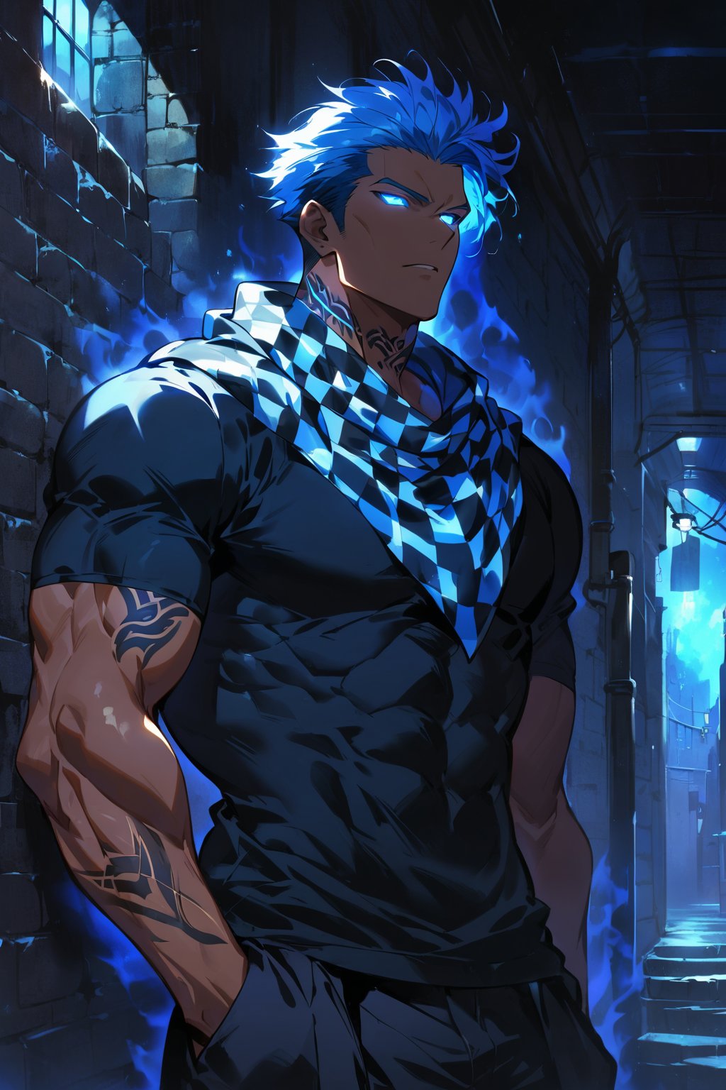 A relaxed handsome Maori Polynesian guy leans against a wall, blue and black hoodie and black pants, wearing a blue and white checkered scarf on his neck, raising his fist up to the sky, short blue hair, dark brown skin, glowing blue Maori Tattoos,. Framed by a dark alley way, his chiseled physique relaxed smoking. A shimmering blue aura surrounds him, accompanied by glowing eyes that seem to pierce through the atmosphere. Looking out into the distance, he exudes confidence and power as he prepares for battle.