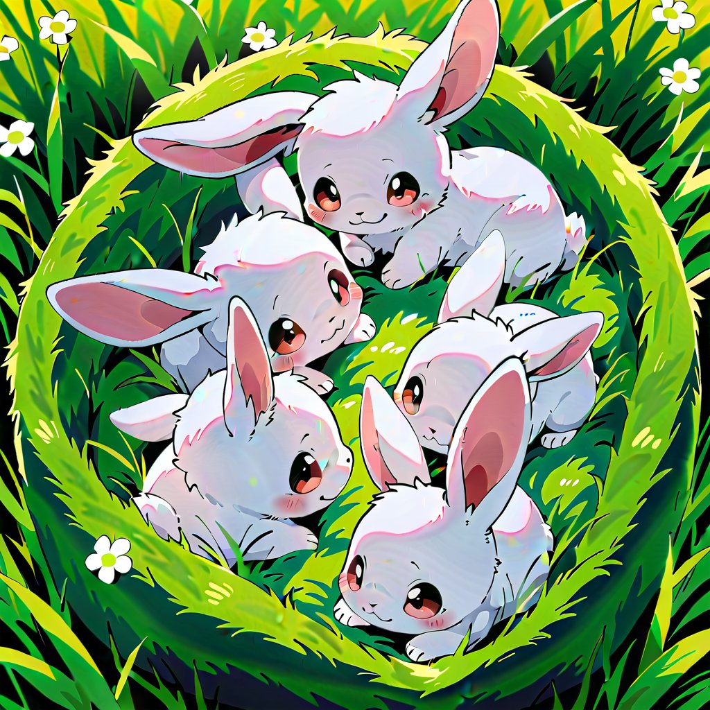 A tranquil scene of baby rabbits nestled in a field of soft, green grass, painted in the style of Dagasi. The artwork features the rabbits in the foreground, their fluffy forms blending seamlessly with the lush grass. Soft, natural lighting bathes the scene, emphasizing the gentle contours of the rabbits. The composition centers on the serene interaction between the rabbits and their surroundings, capturing a moment of peaceful harmony.