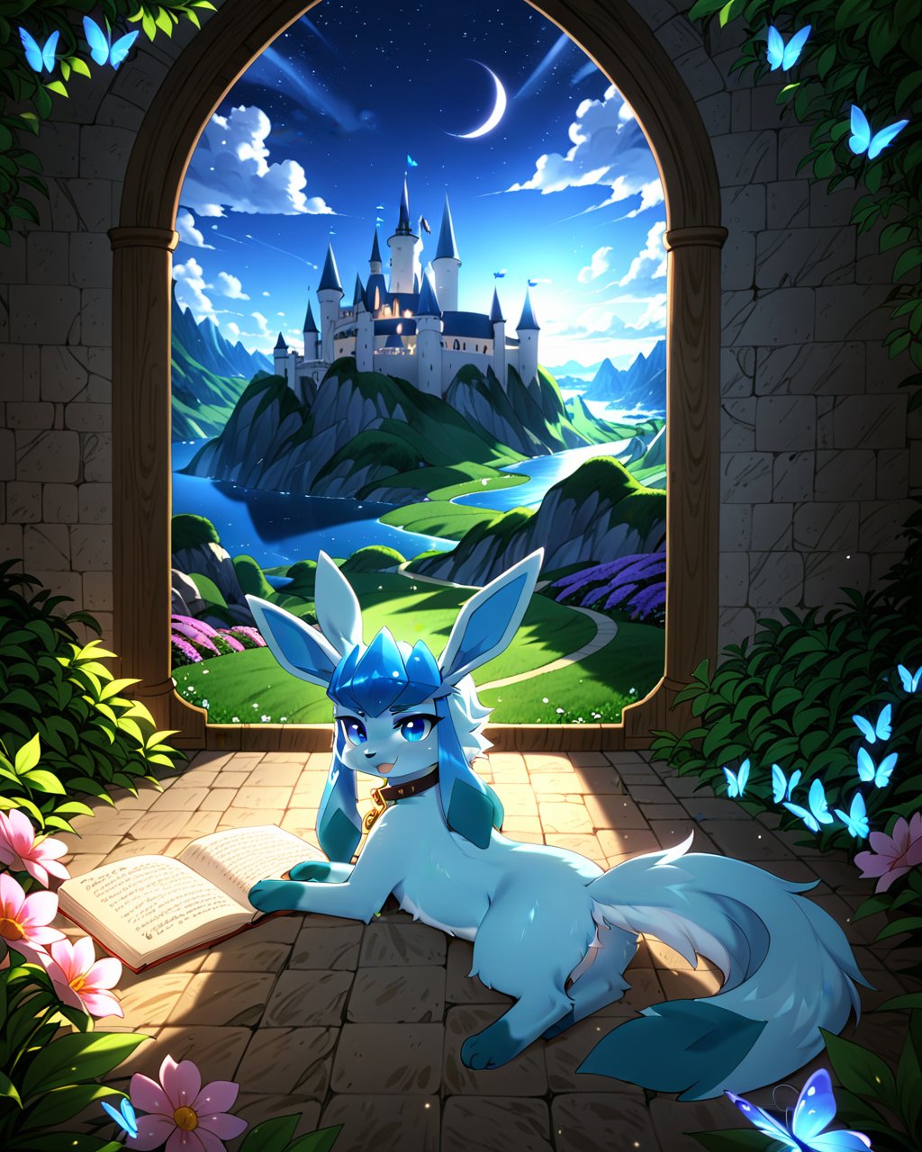 quadruped feral glaceon, solo, excessive fluff, wizard hat, high collar cloak, lying on front, glowing eyes, BREAK, [by Cotora, by Aoizuri, by dagasi:realistic, photorealism:0.85], detailed background, detailed foreground, depth of field, ambient silhouette, backlighting, inside, night, ambient butterfly, flower, castle, book, plant, waterfall BREAK best quality, superquality, masterpiece, extremely detailed, beautiful scenery, amazing scenery, 128k resolution, absurd res, fine details, hi res, superabsurd res