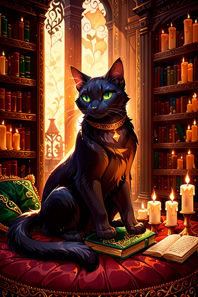 ((A solitary, sleek black cat with piercing green eyes sits regally on a worn velvet cushion, surrounded by ancient tomes and flickering candles in a dimly lit, ornate study. Soft golden light casts a warm glow, highlighting the cat's fur as it stretches languidly, its tail wrapping around the nearby bookshelf)), best quality, masterpiece, 32k, 128k, uhd, fhd, superabsurd res