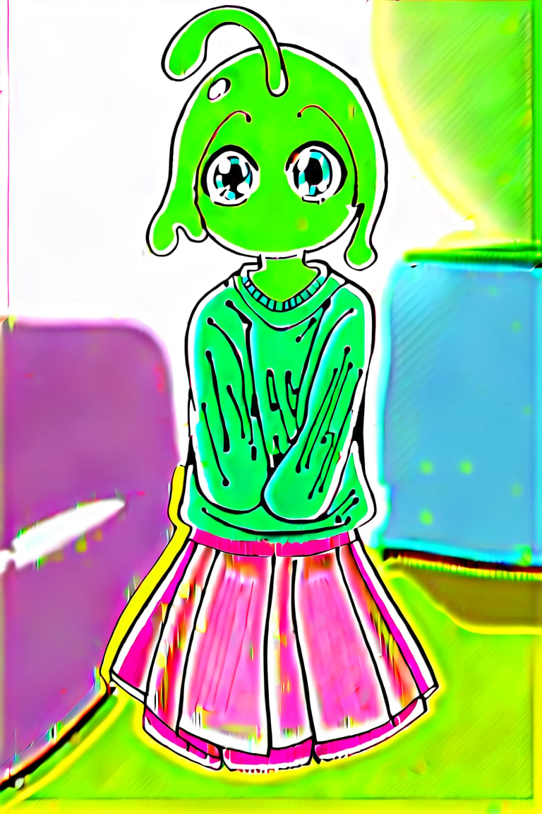 score_9, score_8_up, score_7_up, score_6_up, score_5_up, score_4_up, source_msm, rating_safe, ZPDXLPG BREAK WubboxHumanBodyV2, wubbox, ((slime girl, green body, blue eyes, long green hair, cuboid head, straight hair, ahoge)), (amputee, double amputee, 2 missing limbs:1.3), missing all arms, (blue sweater, pink skirt, cute skirt:1.5), living room, blue wall, green floor, pink couch, indoors, bokeh BREAK half-body portrait, three-quarter view, cropped legs