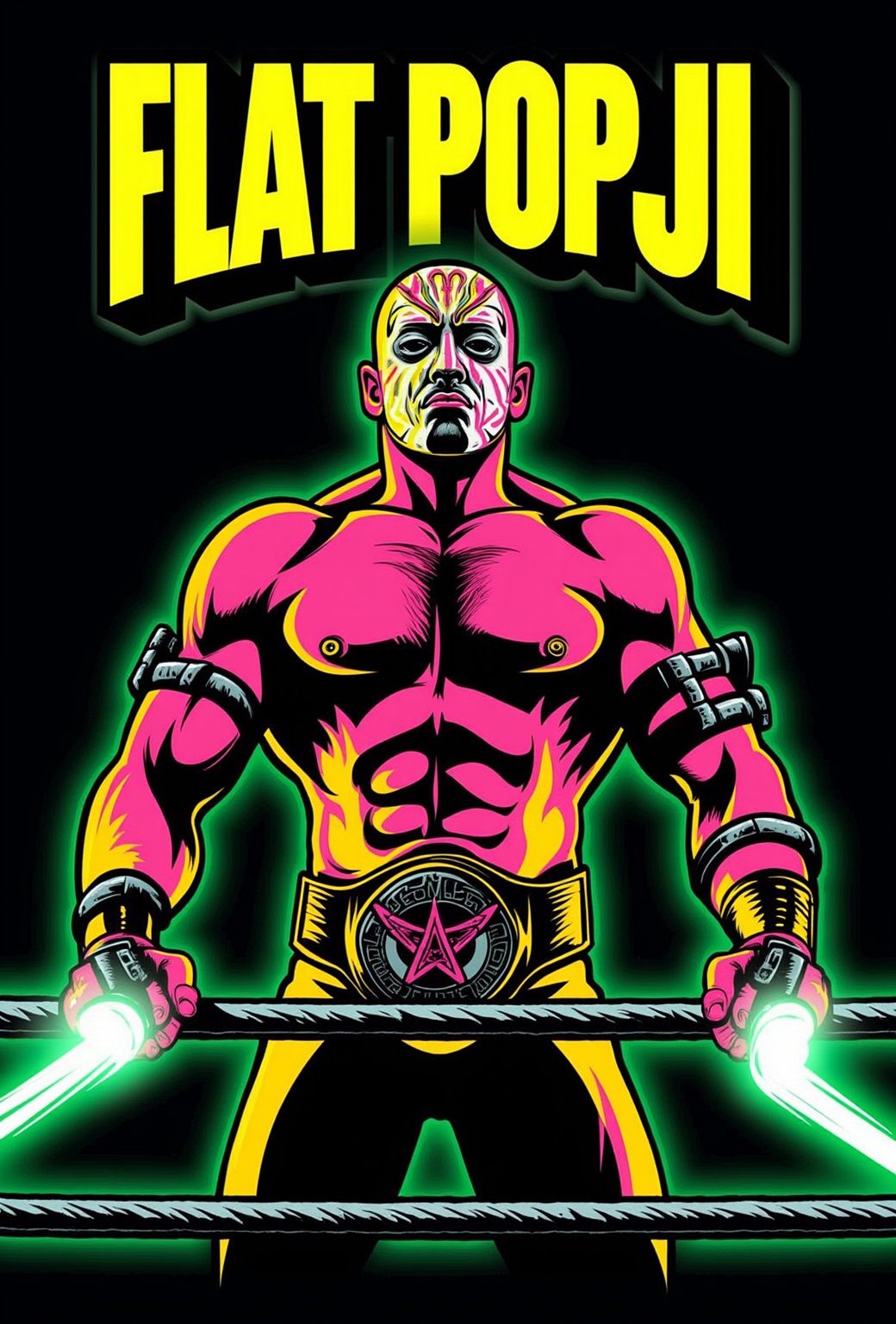 vector art of a Cyber-enhanced Lucha Libre wrestler with a mask of shifting LED patterns and arm-mounted gravity manipulators. He's locked in battle with his own shadow, which glows negative in electric yellow. The ring ropes are laser beams in neon green. 'Flat-Popji' hangs above in 3D championship belt text.,  Flat-Popji