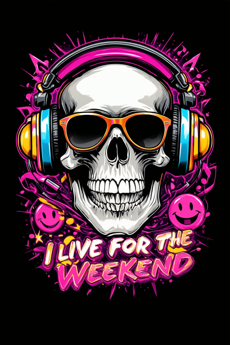 A dramatic, high-contrast, cinematic photograph of a T-shirt design, reminiscent of Christian Audigier's style, featuring a central skull wearing trendy, oversized headphones, surrounded by swirling acid smileys and musical notes in a psychedelic, graffiti-inspired pattern. The skull's eyes are shaded with trendy, oversized sunglasses, and its mouth is curved into a cool, laid-back smile. In the center of the design, bold, cursive script proclaims "I live for the weekend" in a metallic silver font, with subtle, shimmering highlights that catch the light. The overall aesthetic is photorealistic, with a subtle film grain texture that adds a nostalgic, retro vibe to the image, evoking the feeling of a vintage, grainy music video. The colors are vibrant and bold, with hot pinks, electric blues, and sunshine yellows that pop against a deep, midnight-black background, drawing the viewer's eye to the skull's cool, carefree expression