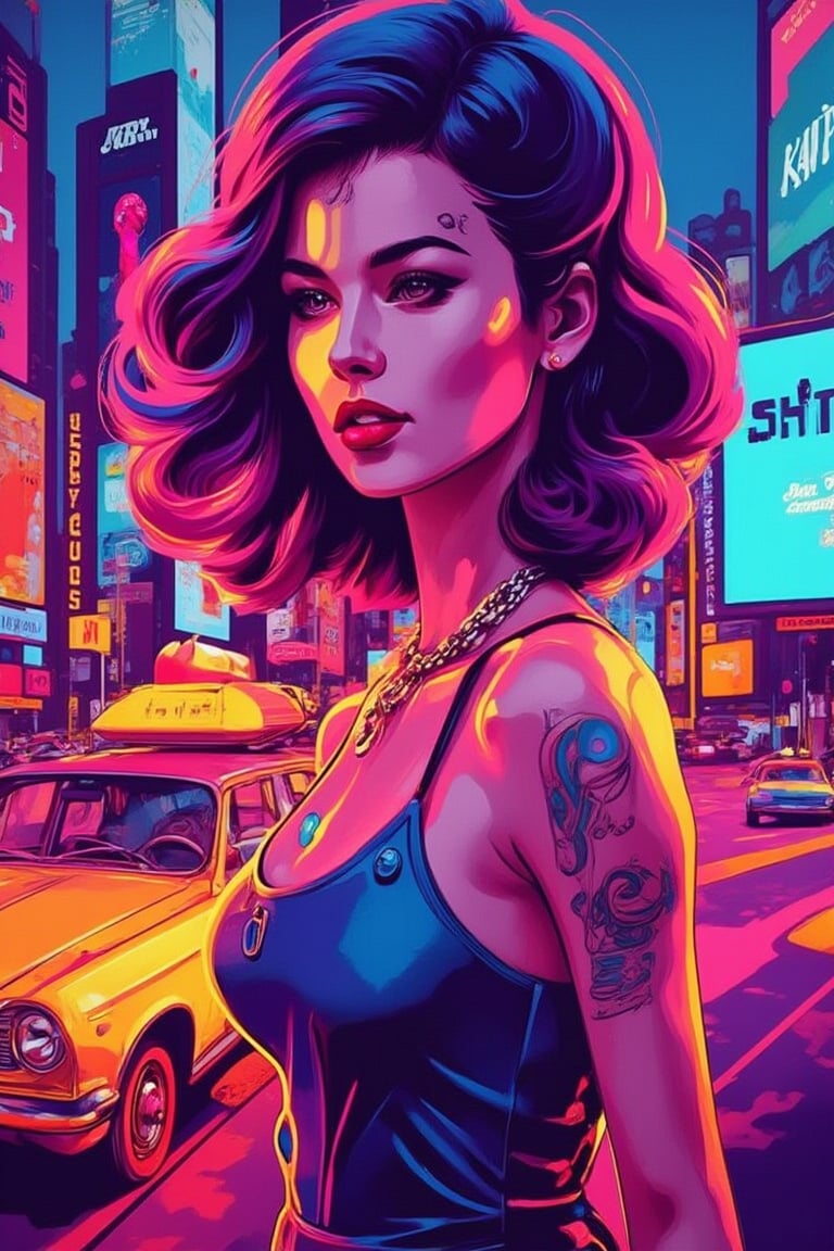 A vibrant close-up of a pinup model showcasing cybernetic enhancements like glowing tattoos, augmented eyes, and high-tech accessories. She’s posed against a cityscape with holographic ads and bustling futuristic traffic., "FLAT_POPJI" tittle in 3d letters on top ,  high contrast, vector art,  Flat-Popji