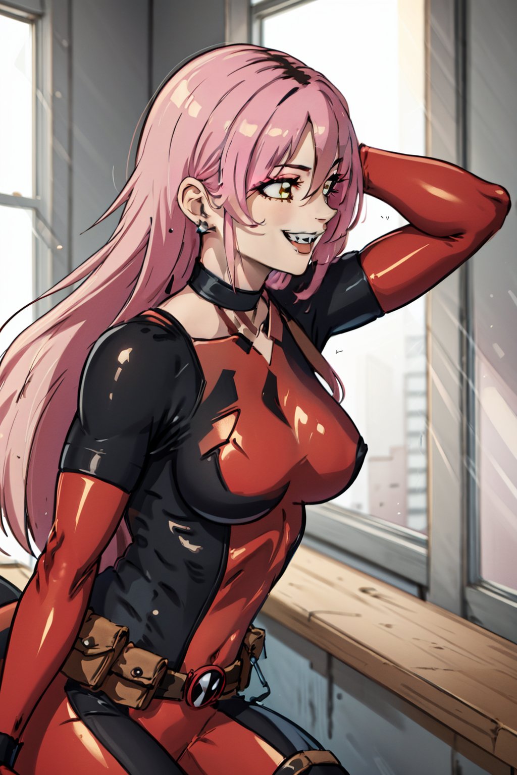 masterpiece, highest quality, so beautiful,highly definited,1girl, solo, long hair, breasts, very long hair,shoes, virtual youtuber,belt, katana, bodysuit, building, pouch,superhero, red bodysuit, utility belt,deadpool,red deadpool outfit,BodySuit_lady_deadpool_ownwaifu,NeneEfthy, brown eyes, yellow eyes, earrings, pink hair,  hair over one eye,brown hair, two-tone hair, smile,choker,pointed_teeth,mechanical_arms,mischievous smile,lascivious look, lewd,sitting_down,